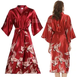 Dresses Plus Size Long Kimono Bathrobe Satin Women Sleepwear Nightgown Print Crane Bride Bridesmaid Wedding Robe Dress Loose Homewear