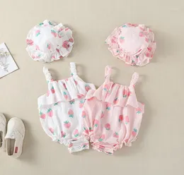 Rompers 2pcs Born Girl Infant Baby Girls Straps Strawberry Print Romper Sunsuit Hat Bodysuit Kids Outfits Clothes4702035