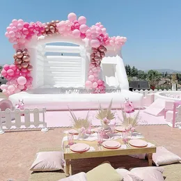 Partihandel kommersiellt bröllop vitt studshus uppblåsbar studsare med glid- och bollgrop pool bouncy castle för fest