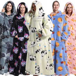 Sweatshirts Super Long Flannel Blanket For Adults Women Men Thicken Warm Sherpa Hoodies Winter Animal Panda Cartoon Couples Oversized Hoodie