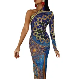 Abito celeste Steampunk Maxi abito manica lunga blu oro Mandala Abito aderente vintage Street Wear Abiti lunghi Donna Vestido personalizzato