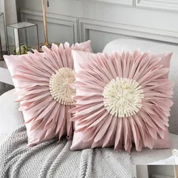 Cushion/Decorative Pillow Cushiondecorative Pillow Fashion Modern Style Pink White Throw Pillows 45X45Cm Veet Stitching 3D Chrysanthem Dhb2G