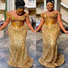 2024 Aso Ebi Gold Meerjungfrau Abendkleid Perlen Pailletten Spitze Abend Formale Party Zweiter Empfang 50. Geburtstag Verlobungskleider Kleider Robe De Soiree ZJ97