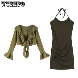 Dress Green Strap Dress Slim Sexy Fold Design Women Chiffon Ruffled Cardigan Long Sleeved Hottie Korean Fashion Summer Drop Shipping