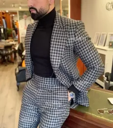 Ternos Houndstooth Mens Suits 2pcs Tuxedos de casamento Vintage Fit formal Groom Wear Tweed 2 peças calças CousTime Homme Luxe