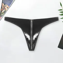 Cuecas elásticas homens briefs homens sexy zíper virilha espelho superfície cor sólida látex gay roupa interior g-string para magro