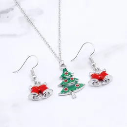 Necklace Earrings Set Enamel Christmas Tree Pendant Bells Drop Jewelry Xmas Gift For Women Girls Kids