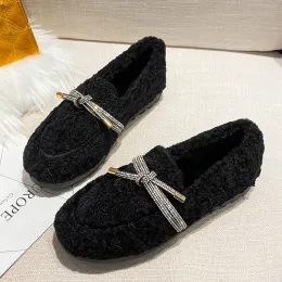 Dresses Crystal String Bowtie Loafers Women Curly Lambswool Flats Winter Cotton Shoes Ladies Office Dress Slip On Fur Moccasins Mujer