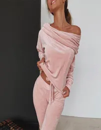 Lslaica Solid Slash Neck Long Sleeve Two Piece Set Drawstring Off Shoulder Women Tracksuit Bodycon Long Pants Women Suits5851187