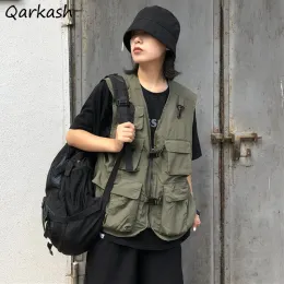 Kamizelki kurtki ładunkowe kamizelki kobiety solidne safari w stylu multipockets taktyka zamek błyskawiczna letnia hiphip herwear harajuku streetwear luźne eleganckie