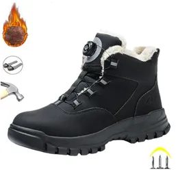 Black Leather Winter Fashion Rotating Buttons Safety Shoes Men Waterproof Work Boots Men Anti-puncture Protective Footwear 240228