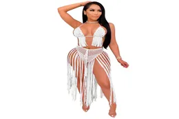 RT Sexy Women Knitted Set Two Pieces Set Backless Crop Top Tassels Brief 2 Pieces Crochet Set Hollow Out Beach Crocheted Suit X0617342875