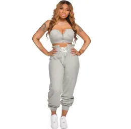 Women039s Tracksuits Sexy Two Piece Set Women Zip Strapless Crop Top And Sweatpants Festival Clothing Streetwear Casual Tracksu8949890
