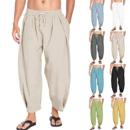 Pants Men's Cotton Hemp Pants Casual Light Loose Beach Yoga Belt Pocket Linen Male Harem Breathable Summer Trousers Fitness Streetwear