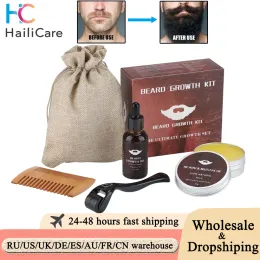 Care Men Beard Growth Kit Essential Oil Fuktgivande skägg Balm Hårförstärkare Tillväxt Roller Comb Wax Styling Scissors Beard Care Kit