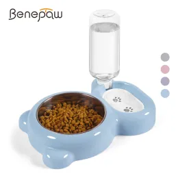 Alimentatori Benepaw Ciotole per cani doppie Ciotole per gatti Distributore automatico di acqua Bottiglia Staccabile Ciotola per acqua per animali domestici in acciaio inossidabile per gattino Cucciolo di coniglio