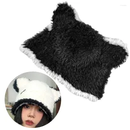 Berets Furry Bucket Hat Women Trendy Bear Ears Warm Plush Colorblock
