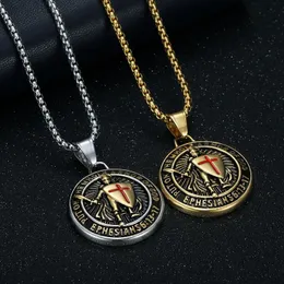 Hip Hop Round Vintage Titanium Steel Shield Templar Pendant Necklace 18K Real Gold Plated Jewelry
