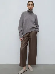 Capris ZBZA Calça feminina PU de outono e inverno com bolso de cintura alta casual calça de perna reta fina e confortável calça de couro artificial