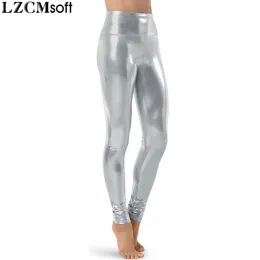 Capris lzcmsoft prata feminino brilhante metálico dança leggings cintura alta calças de comprimento total lycra pele lápis calças desempenho palco