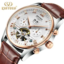 Комплекты Kinyued Skeleton Tourbillon Mechanical Watch Men Automatic Classic Rose Gold Кожа Механические запястья Reloj Hombre 2020