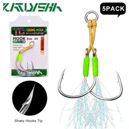 Fishhooks Katyusha 5pack Jig Fishing Hooks 1/02/03/04/05/0# Högkolstål Fiskkrokar Dubbla tvillingkrokar UV -fjäderjigkrokar