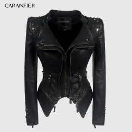 Jackets CARANFIER Jacket Women Faux Leather PU Coats Winter Autumn Black Motorcycle Clothing Outerwear Gothic leather Coat Chaqueta