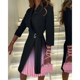 فستان Vneck Fashion Midi Dress Weist Laceup Laceup ملفوفة منتصف الأكمام فساتين مطوية للنساء Femme Mode Chic Tenue de Bureau