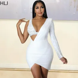 드레스 HLJ 패션 모조 다이나 스톤 One Shoulder Bodycon Party Dresses Sexy V Neck Hollow Mini Dress Women Luxury Diamond Irregular restidos