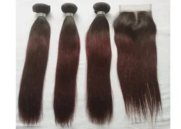 T 1B 99J ombre färgade hårbuntar med stängning Dark Wine Straight Human Hair 3 Bunds med 4x4 Middle Part Lace Closure Extensi1741120