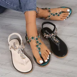 Sandals Women Solid Color Thong Sandals Elastic Ankle Strap Lightweight Soft Sole Glitter Shoes Rhinestone Decor Beach Shoes T240302