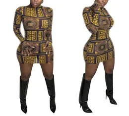 New Style Printed Round Neck Long Sleeve Sexy Slim Bodycon Package Women Hip Skirt Short Dress5033482