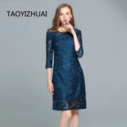 Dresses Autumn Vintage Lace Dress Regular Five Quater Sleeves Plus Size Solid Blue Aline Women Lace Dress Vestidos Para Grados 14068