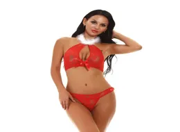 Kadınlar Boyun Beyaz Kürk Trim Anahtar Delik Ön Çiçek Dantel Kafes Sırtsız Baştan Çirkin Bikini Mayo Kostümü Cadılar Bayramı Noel Tatili S4939458