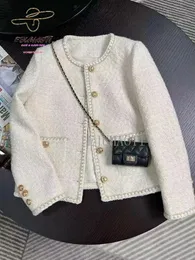 Женская куртка с небольшим ароматом, пальто 2024, осень-зима, корейская мода, белые французские короткие твидовые топы 240301