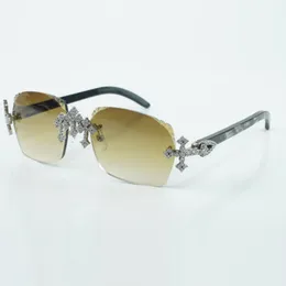 Neue kreuzförmige, vollständig mit Diamanten eingelegte Factory-Brille 3524018, Sonnenbrille mit naturschwarzen, strukturierten Ochsenhornbeinen und 58-mm-geschliffenen Gläsern