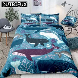 Defina a capa de edredão oceânica Conjunto de cama de baleia azul conjunto de cama de animal de cama marinho listrado de cama listrado conjunto crianças adolescentes casas textilas de microfibra de cama pura cortinas