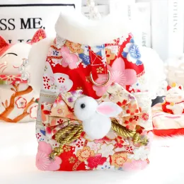 Dresses Sakura Kimono O Shogastu Dog Clothes Fur Collar Bow Rabbit Dress Dogs Clothing Cat Traction Kawaii Warm New Year Pet Item