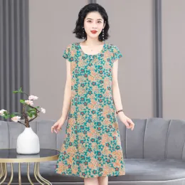 Dresses Vintage Summer Dress Cotton Korean Fashion 2023 New Women Dress for Mother Short Sleeve Oneck Casual Everyday Dress Elegant