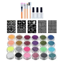 Kits Diamond Glitter Tattoo Set Temporary Tattoo Kit 24 Glitter Colors Templates Body Nail Glitter Art Paint Party Tattoo Makeup