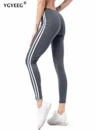 Leggings YGYEEG Calças listradas pretas Calças elásticas estampadas laterais slim fitness leggings mulheres treino push up tornozelo comprimento macio roupas esportivas