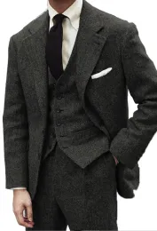 Garnitury klasyczny męski garnitur Tweed 3PIC Herringbone Tuxedo Blazer Vest Pants Wool Vintage Groom Wedding Prom Suit