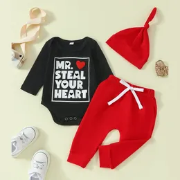 Clothing Sets Infant Baby Boys 3 Piece Clothes Outfits Valentine's Day Letter Print Long Sleeve Rompers And Elastic Pants Hat Set 0-24M