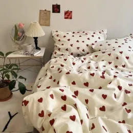 sets 4pcs Korean Style Bedding Sets Heart Print Kid Adult Twin Full Queen Size Bed Flat Sheet Linen Duvet Cover Set Pillowcase Home T