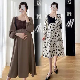 Dresses 1602# 2022 Spring New Korean Fashion Maternity Party Dress Chic Ins Elegant A Line Slim Clothes for Pregnant Women Pregnancy