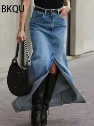 Skirt BKQU New Front Slit Denim Skirts Women 2023 Casual High Waist Office Lady Long Skirt Streetwear Blue Frayed Raw Hem Jean Skirt