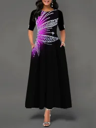 Vestido feminino muçulmano abaya 3/4 manga um pescoço vestido de cintura alta tornozelo comprimento festa impresso áfrica doce robe feminino casual maxi vestidos