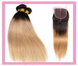 Brasilianska jungfruliga hårförlängningar 1b27 ombre mänskliga hår 3 buntar med 4x4 spetsstängning rak 4 bitar 1b 27 hårprodukter8656051