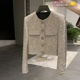 Şık kadınlar parlak iplik dokuma tweed blazers ceket sonbahar kısa örgü ol ve hardigan tek kırpılmış üst kısımlar ceket abrigos 240226