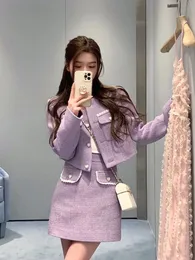 Маленький ароматный твидовый фиолетовый комплект пальто и юбки, пиджак, платье, элегантный женский корейский стиль, комплект из двух предметов для женщин, комплекты халатов 240223